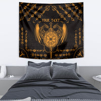 Black tapestry with gold Viking dragon shield emblem and geometric border, YOUR TEXT