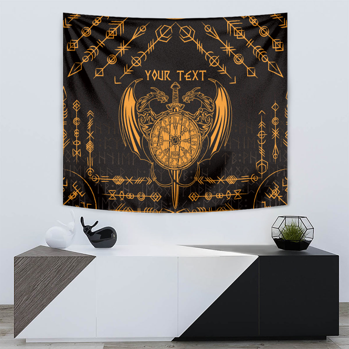 Black tapestry wall hanging with gold Viking crest, YOUR TEXT, and ornate symbol border