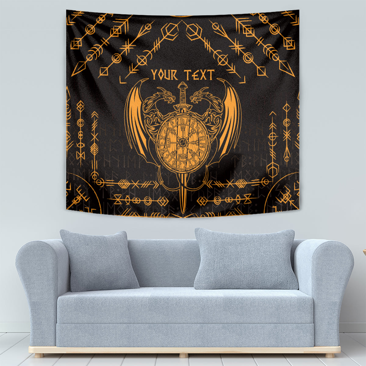 Black tapestry with gold Viking dragon shield artwork and YOUR TEXT, detailed border