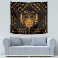 Black tapestry with gold Viking dragon shield artwork and YOUR TEXT, detailed border