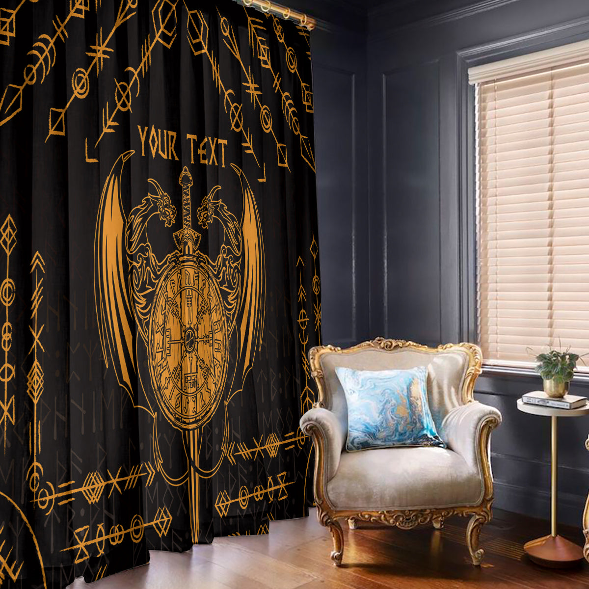 Black window curtain with gold Viking dragon emblem and sword crest design near chair.