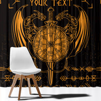 Black window curtain panel with gold Viking dragon crest and sword emblem motif.