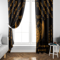Black window curtains with gold Viking dragon artwork and rune-style border patterns.