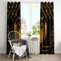 Black curtain panels with gold Viking dragon figure and chain-link rune pattern print.