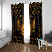 Black window curtains with gold Viking dragon wings motif and decorative rune lines.