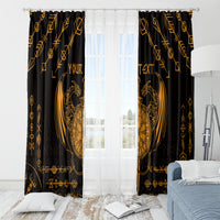 Black window curtain set with gold Viking dragon emblem and sword-style decorative elements.