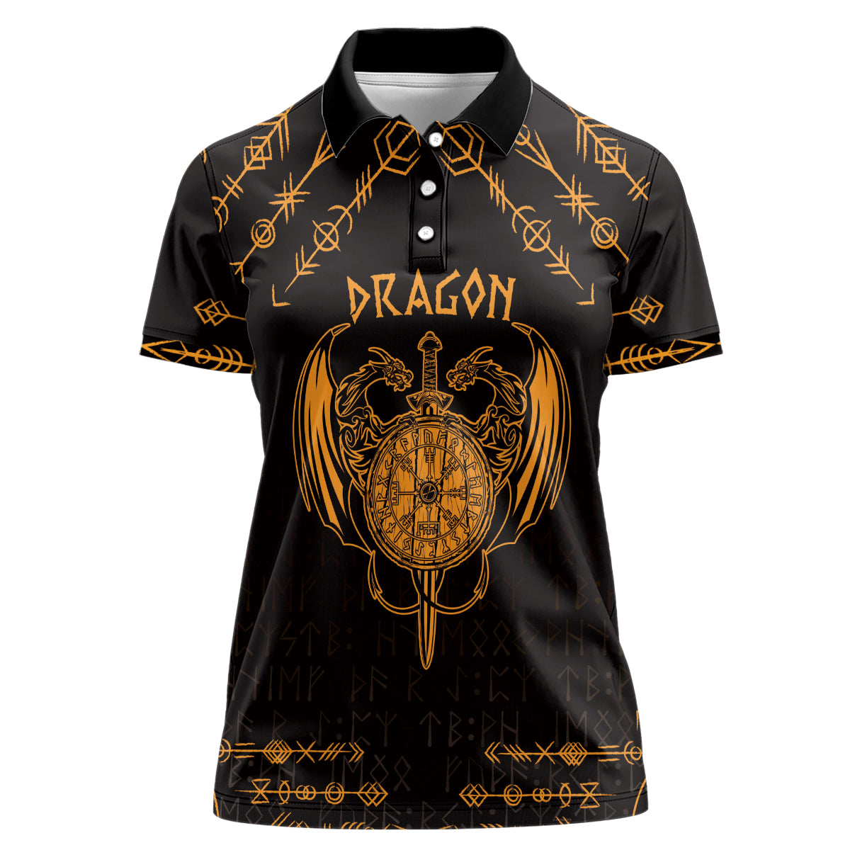 Personalized Viking Dragon Women Polo Shirt with Sword Gold Scandinavian Tattoo