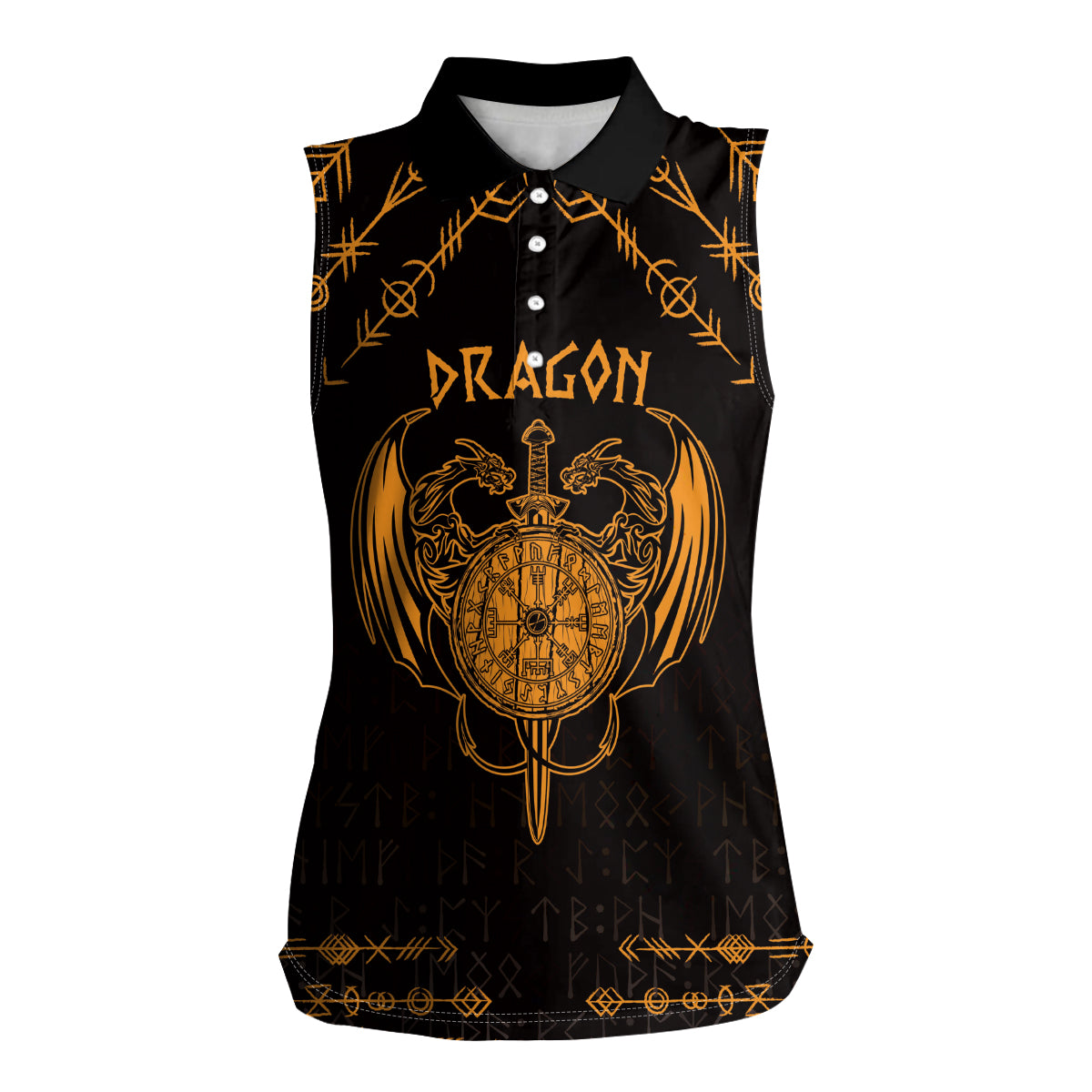 Personalized Viking Dragon Women Sleeveless Polo Shirt with Sword Gold Scandinavian Tattoo