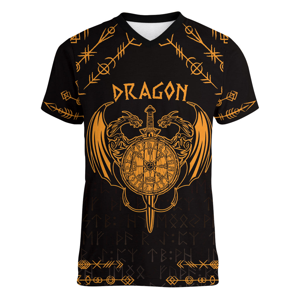 Personalized Viking Dragon Women V-Neck T-Shirt with Sword Gold Scandinavian Tattoo - Wonder Print Shop