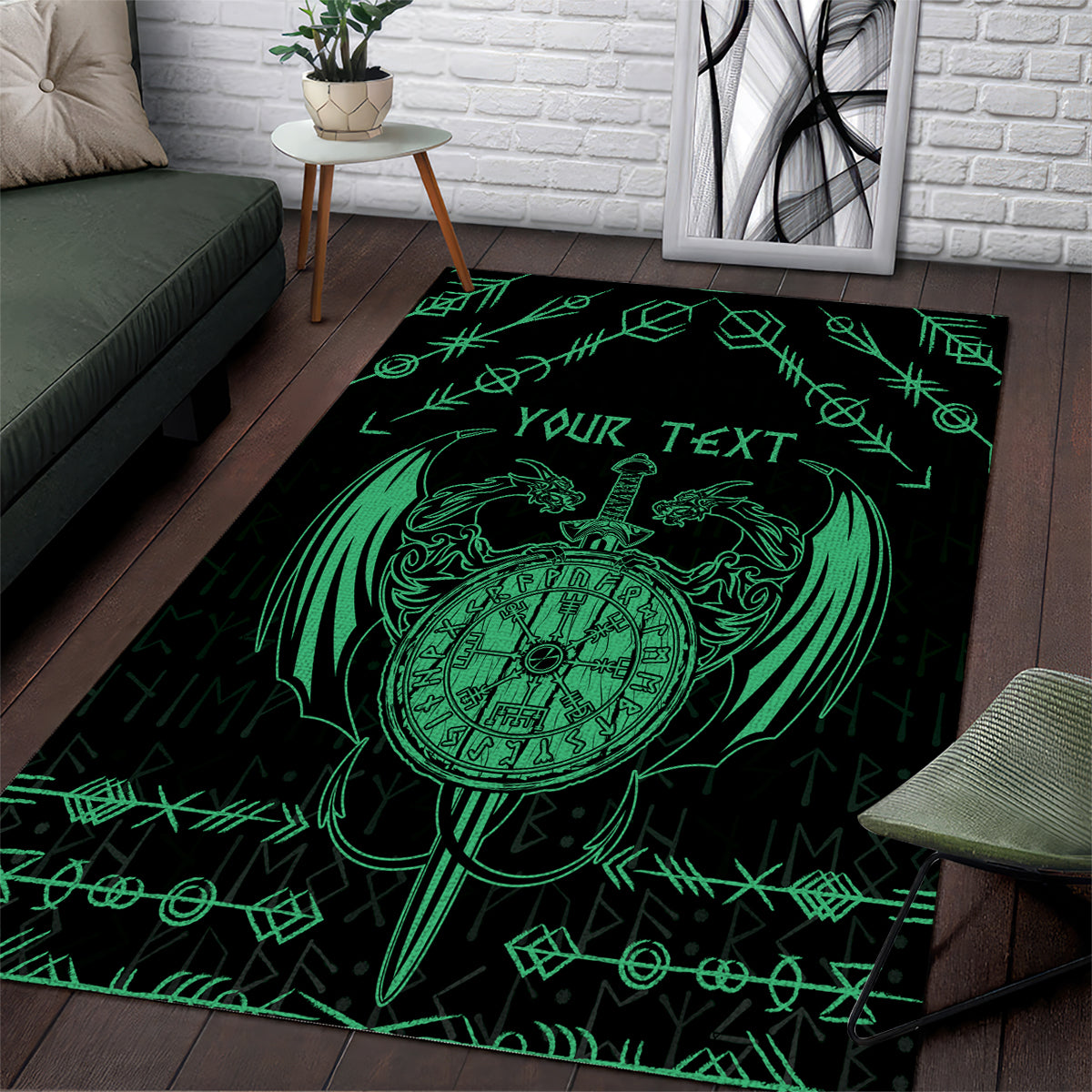 Personalized Viking Dragon Area Rug with Sword Green Scandinavian Tattoo LT9 - Wonder Print Shop