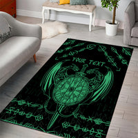 Green neon Viking dragon area rug with sword outline and 'Your Text' lettering