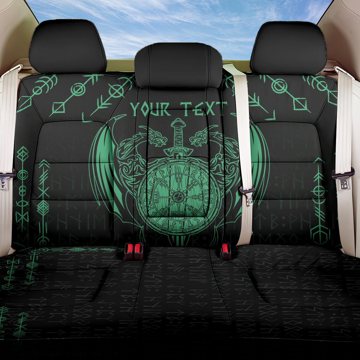 Personalized Viking Dragon Back Car Seat Cover with Sword Green Scandinavian Tattoo LT9 - Wonder Print Shop