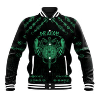 Black baseball jacket with green dragon crest graphic, striped collar, snap button front