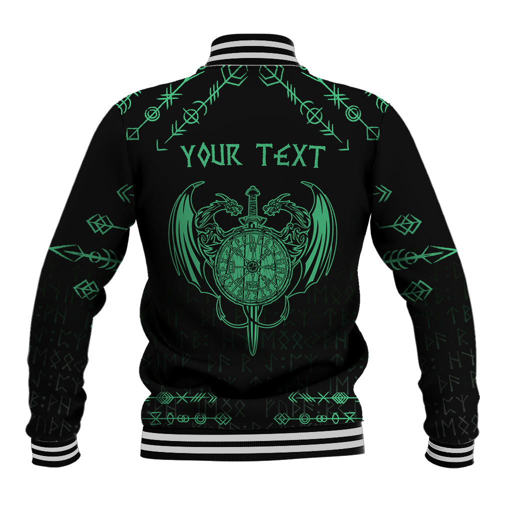 Black baseball jacket back with green dragon crest and 'Your Text' lettering, striped hem