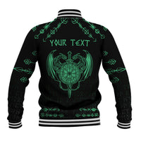 Black baseball jacket back with green dragon crest and 'Your Text' lettering, striped hem