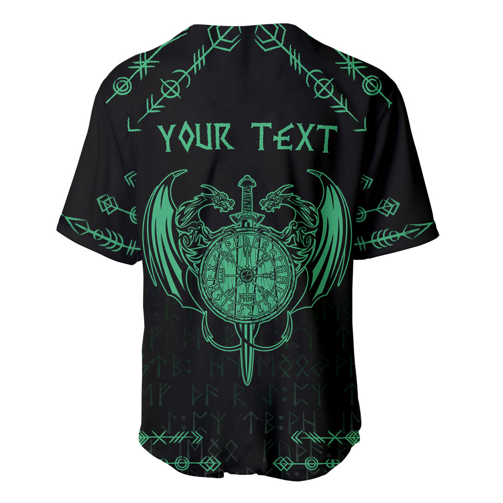 Personalized baseball jersey back with green dragon crest and editable “YOUR TEXT” design