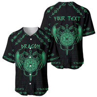 Personalized baseball jersey front and back with green dragon crest: “DRAGON” and “YOUR TEXT”