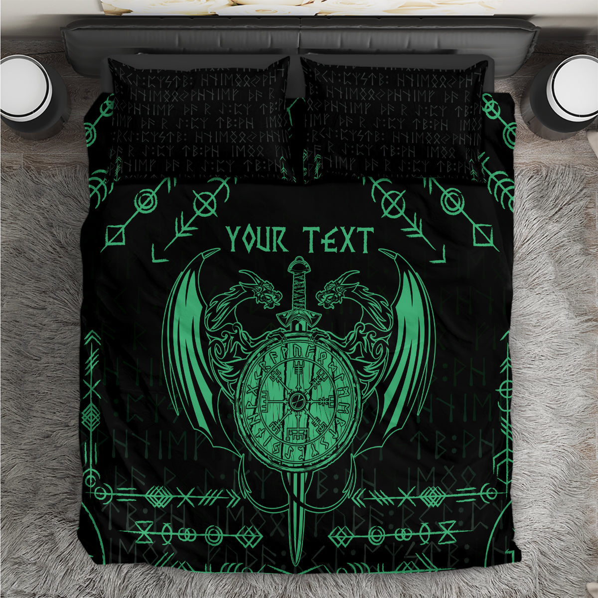 Black and green bedding set with dragon emblem, sword, and personalized text