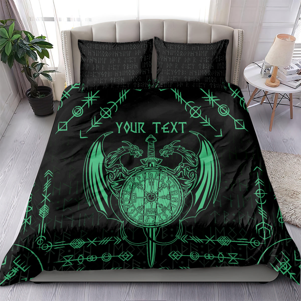 Black and green Viking dragon bedding set with pillow set, sword, and “Your Text”