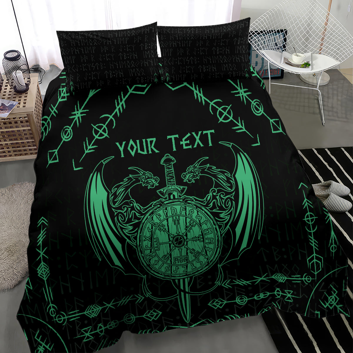 Black duvet cover bedding set with circular dragon crest, sword, and personalized text