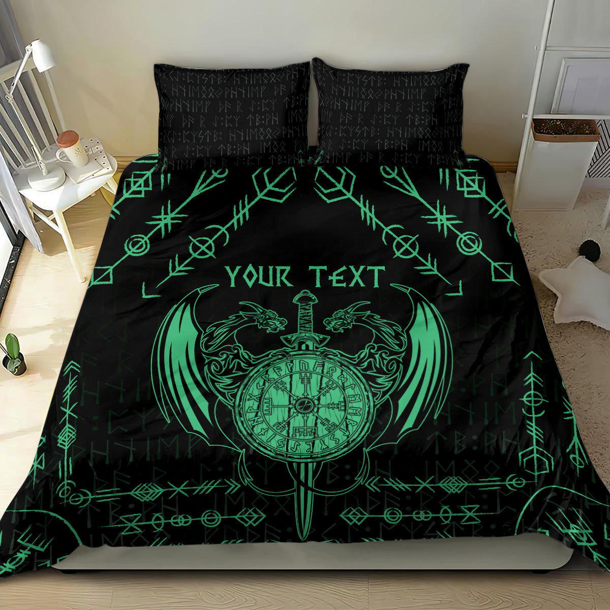 Black and green bedding set with dragon emblem, sword, and “Your Text” on duvet