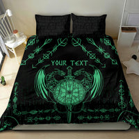 Black and green bedding set with dragon emblem, sword, and “Your Text” on duvet