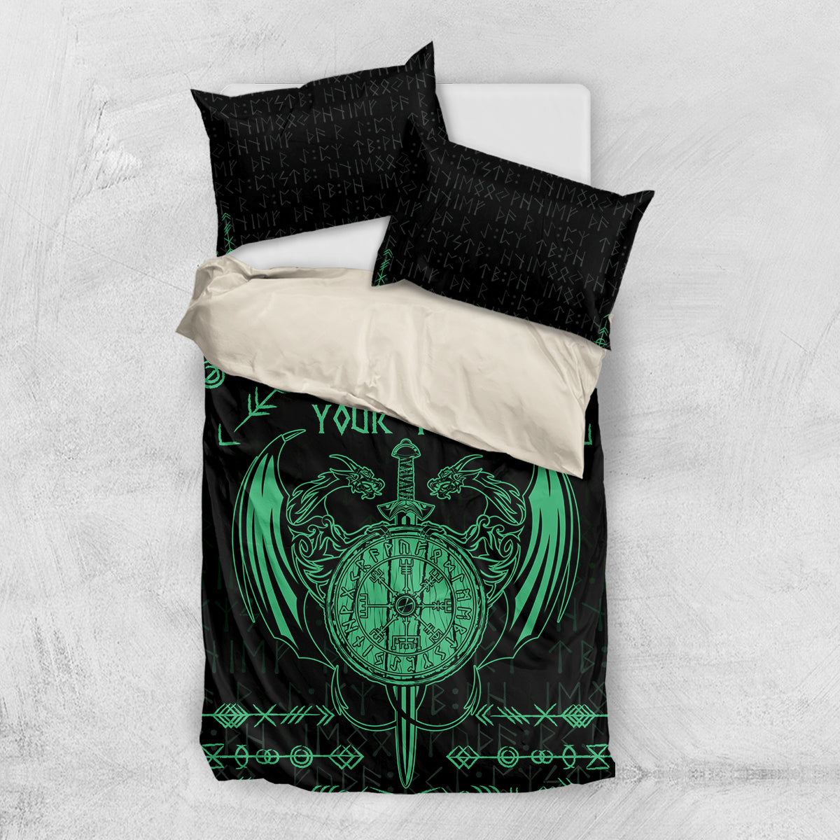 Black and green Viking dragon bedding set with two pillows and personalized text
