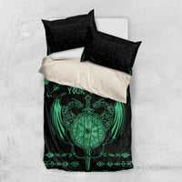 Black and green Viking dragon bedding set with two pillows and personalized text