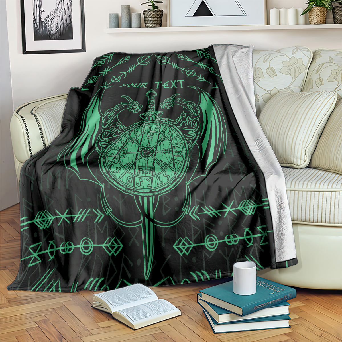 Green-and-black Viking dragon blanket with compass-heart and sword graphic