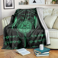Green-and-black Viking dragon blanket with compass-heart and sword graphic