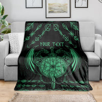 Black Viking dragon throw blanket with green compass-heart emblem and border symbols