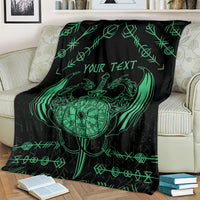 Black and green Viking dragon blanket with central compass-heart, sword, and border icons