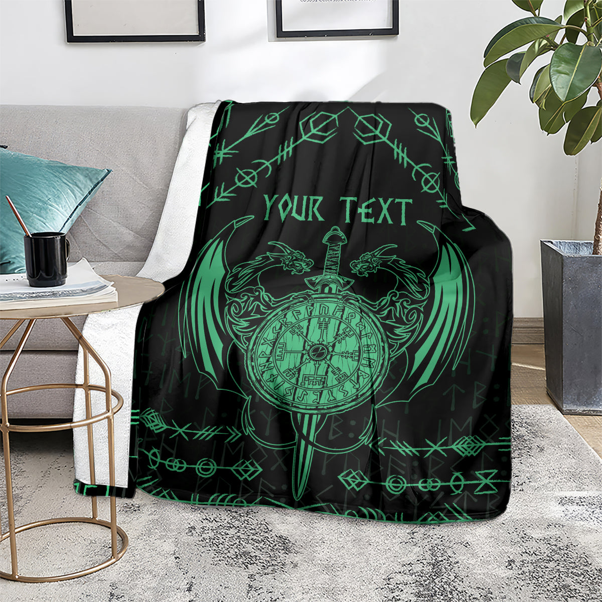 Viking dragon blanket in black with bright green compass-heart and sword-themed design