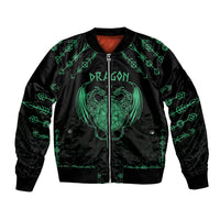 Black bomber jacket with green zipper, dragon crest graphic and geometric rune sleeves