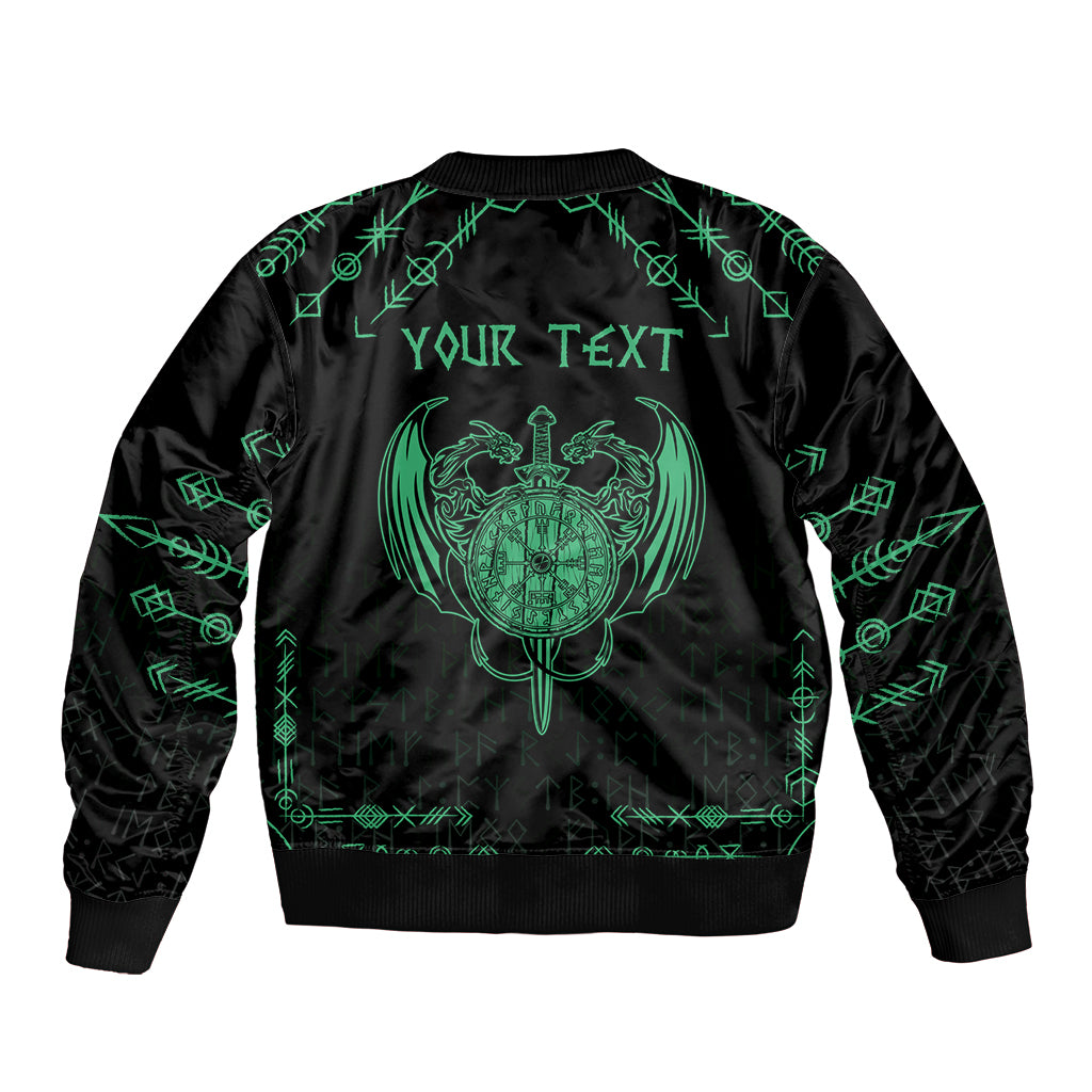 Black bomber jacket back with green 'YOUR TEXT' and dragon crest graphic
