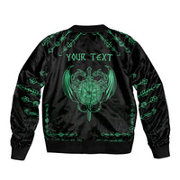 Black bomber jacket back with green 'YOUR TEXT' and dragon crest graphic