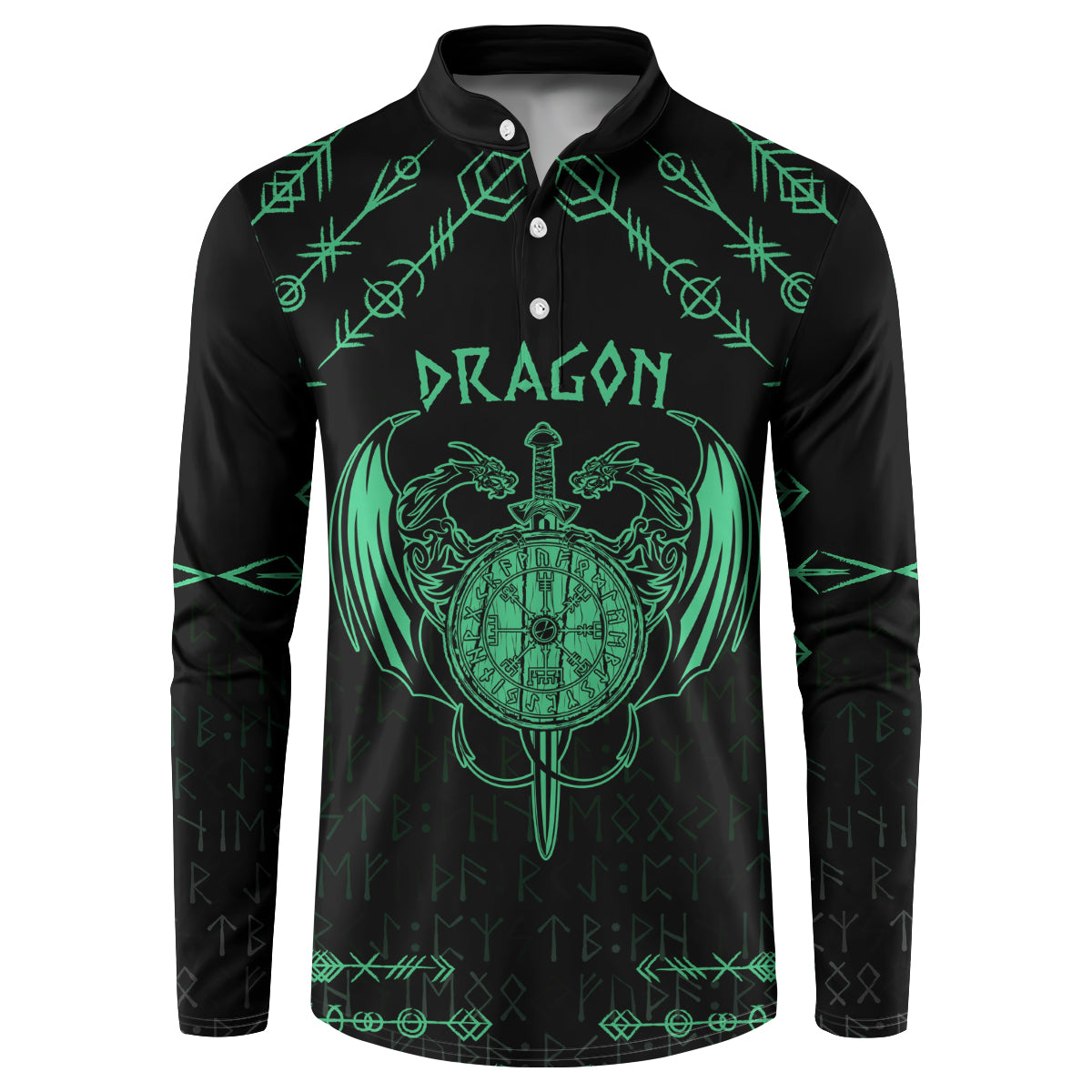 Black button-up sweatshirt with green dragon crest sword graphic and rune patterns