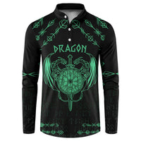 Black button-up sweatshirt with green dragon crest sword graphic and rune patterns