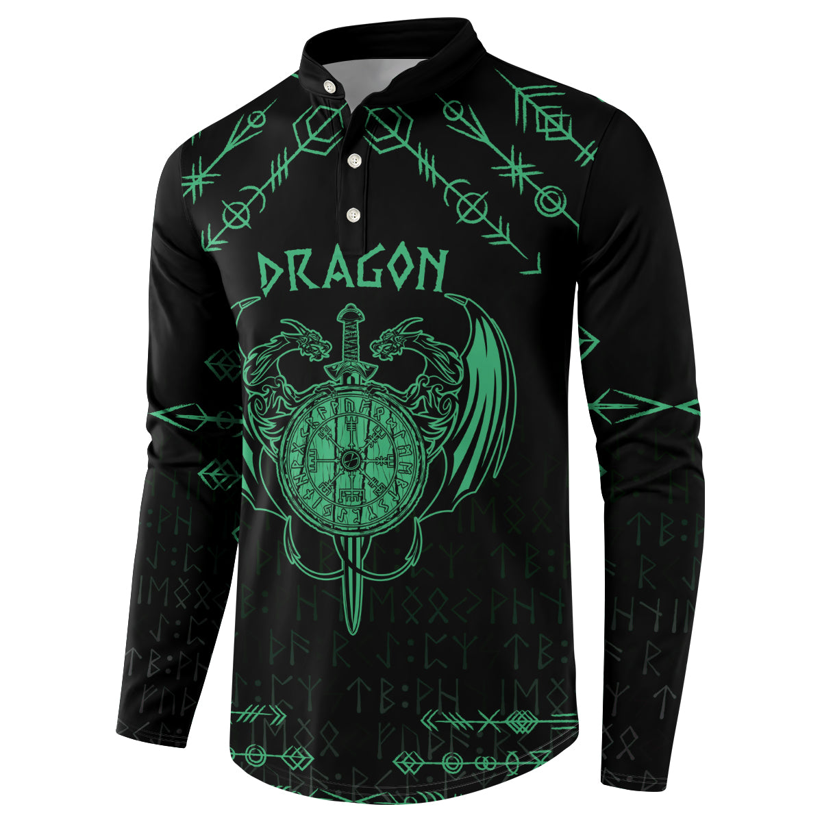 Black button-up sweatshirt with green dragon wordmark, crest sword emblem, rune trim