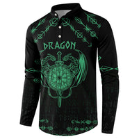 Black button-up sweatshirt with green dragon wordmark, crest sword emblem, rune trim