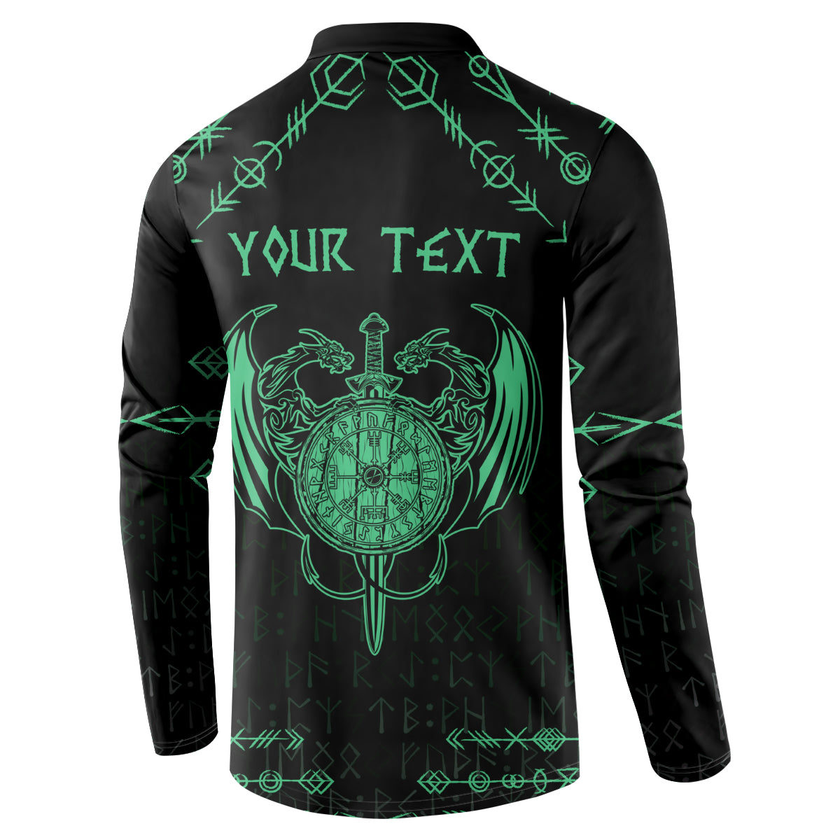 Black back view sweatshirt with green “YOUR TEXT” and dragon sword crest graphic