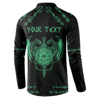 Black back view sweatshirt with green “YOUR TEXT” and dragon sword crest graphic