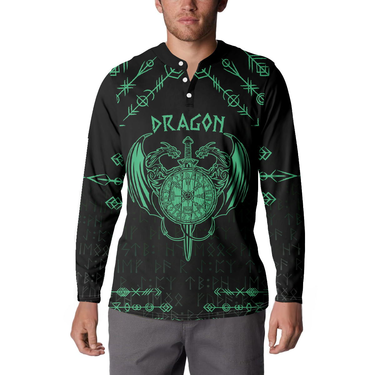 Black sweatshirt worn by model, green dragon crest sword graphic and rune pattern sleeves