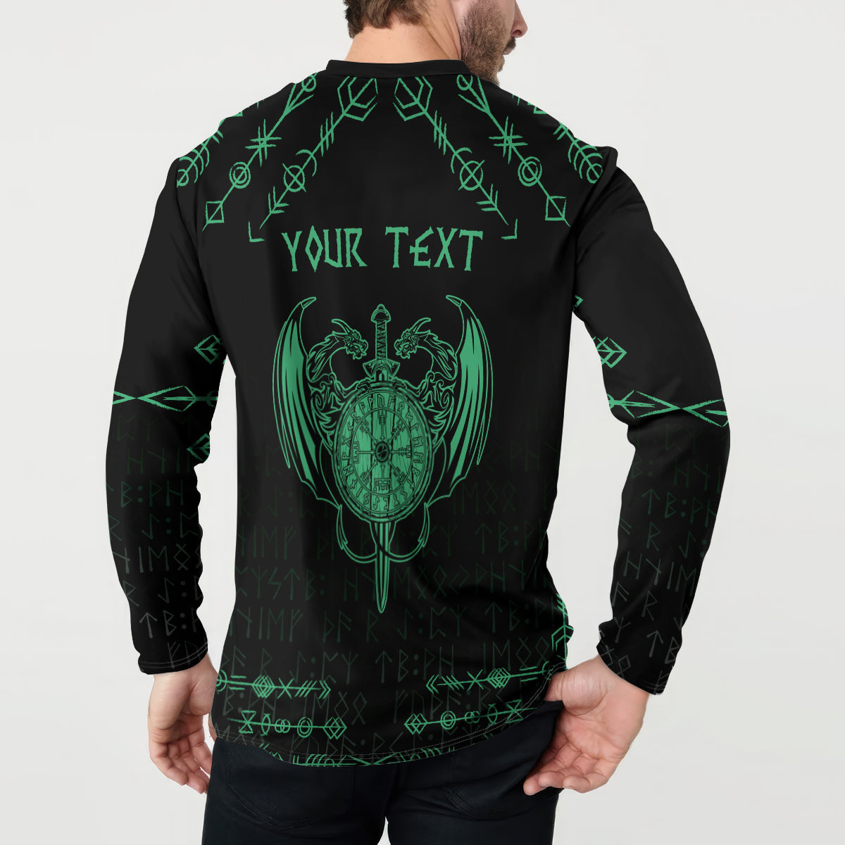 Black long-sleeve sweatshirt, back shows green dragon sword crest and “YOUR TEXT”