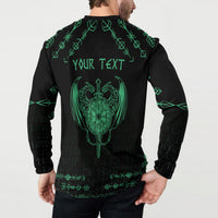Black long-sleeve sweatshirt, back shows green dragon sword crest and “YOUR TEXT”