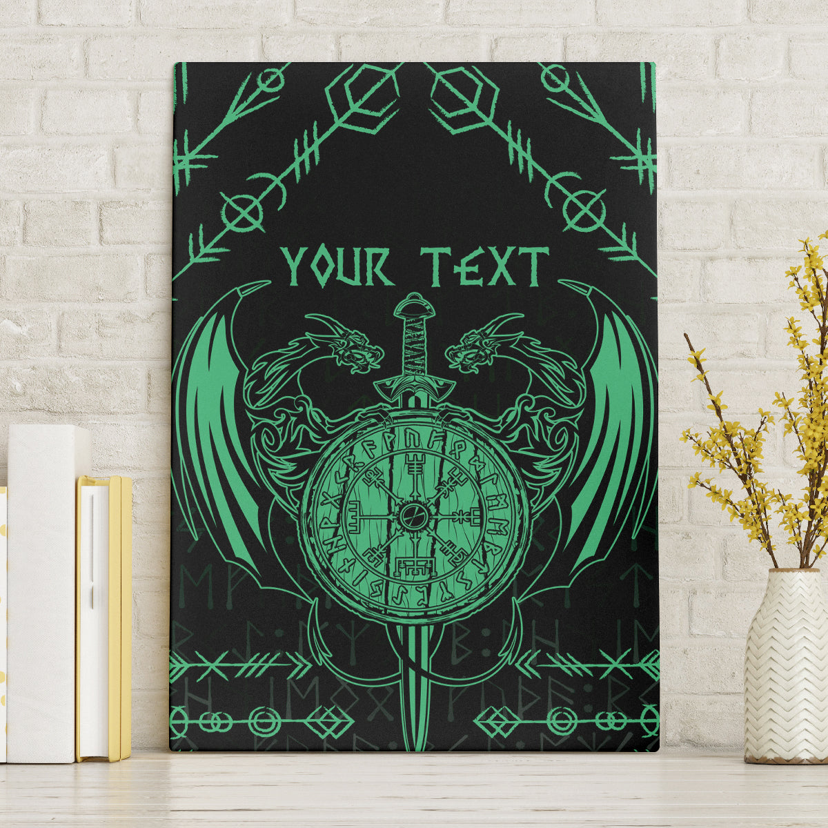 Personalized Viking Dragon Canvas Wall Art with Sword Green Scandinavian Tattoo LT9 - Wonder Print Shop