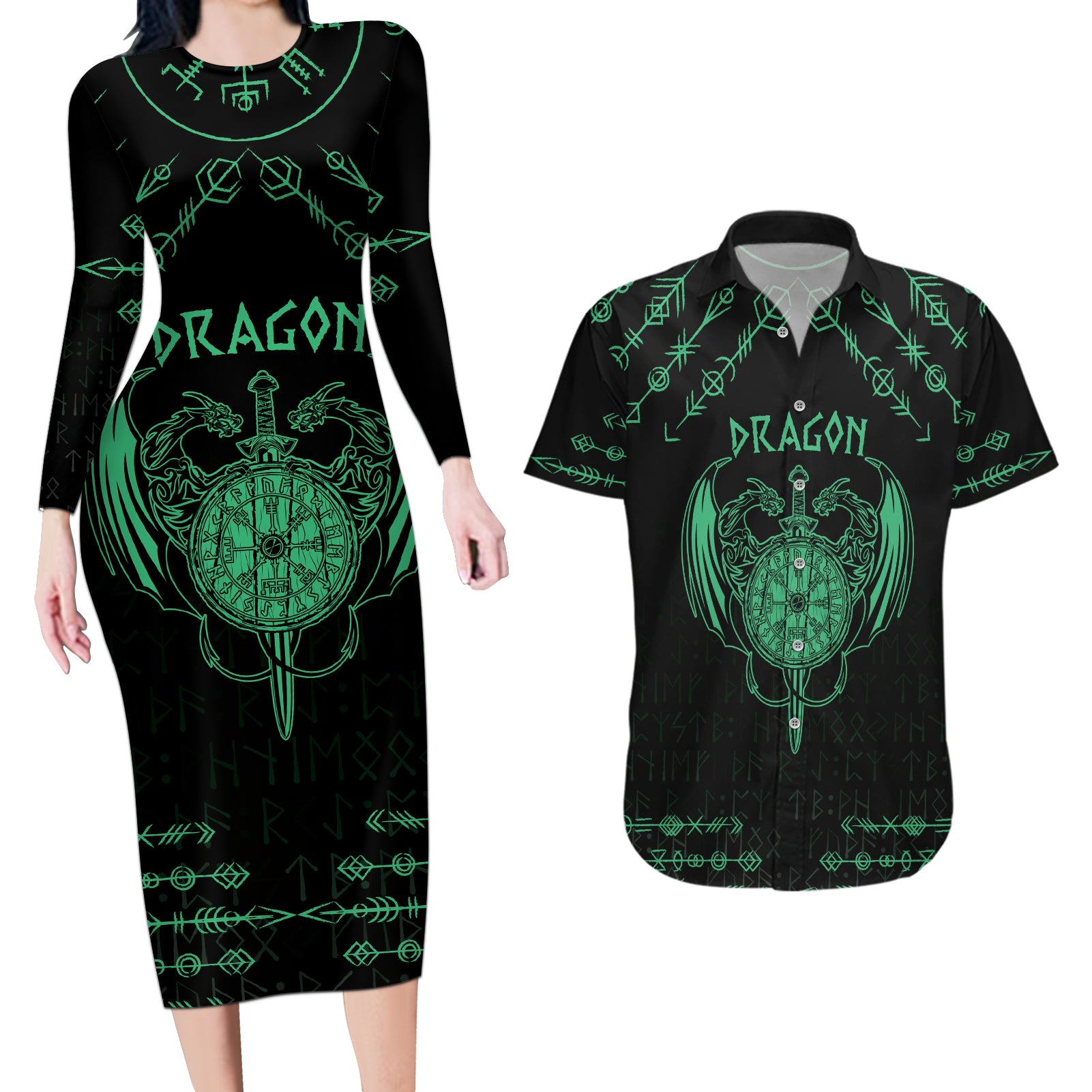 Personalized Viking Dragon Couples Matching Long Sleeve Bodycon Dress and Hawaiian Shirt with Sword Green Scandinavian Tattoo LT9 - Wonder Print Shop