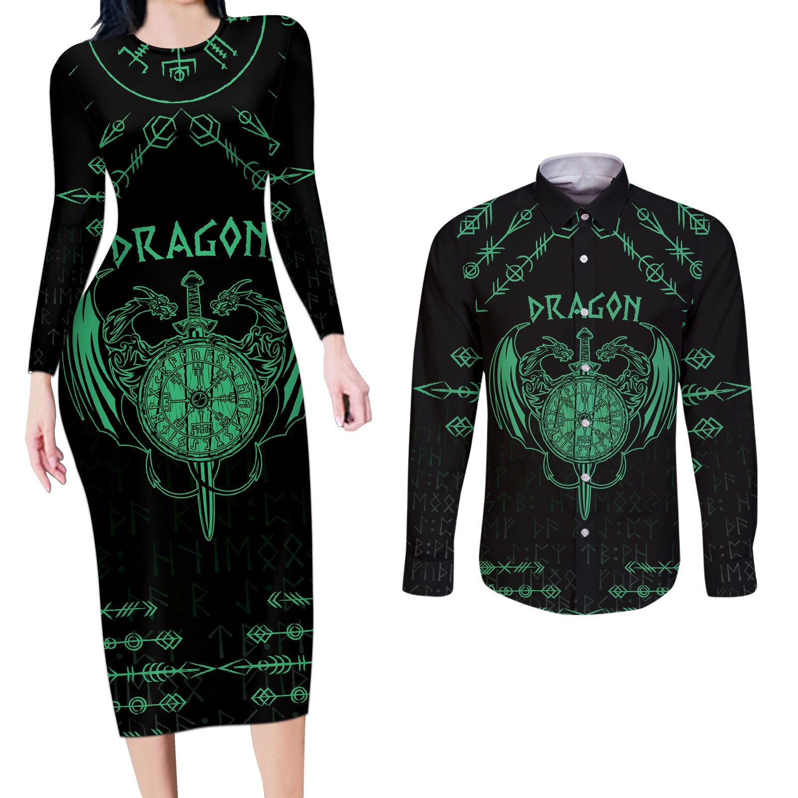 Personalized Viking Dragon Couples Matching Long Sleeve Bodycon Dress and Long Sleeve Button Shirt with Sword Green Scandinavian Tattoo LT9 - Wonder Print Shop