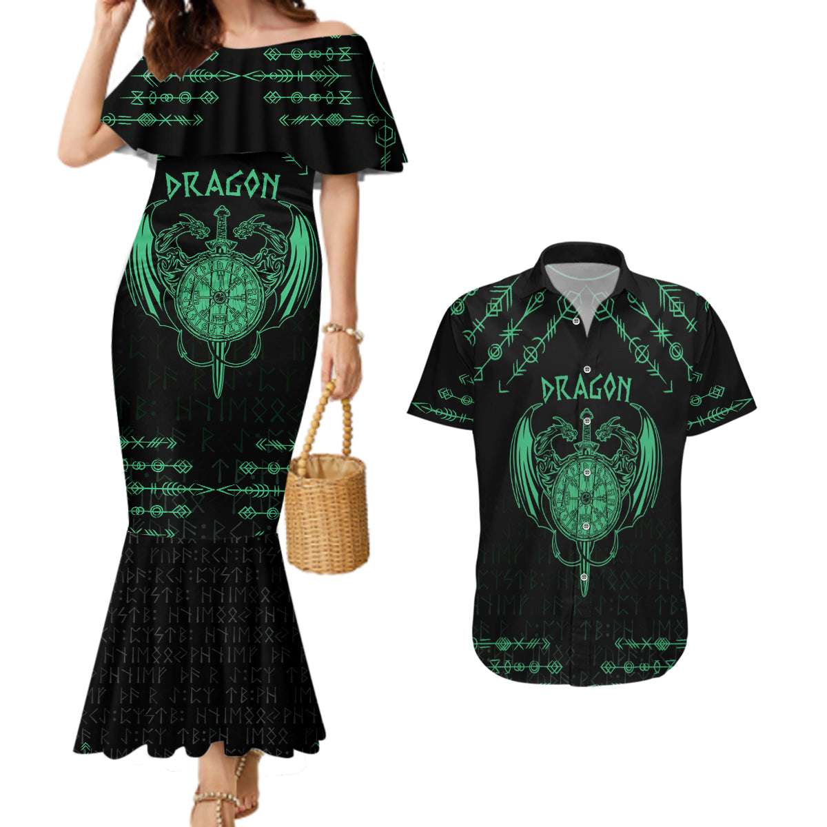 Personalized Viking Dragon Couples Matching Mermaid Dress and Hawaiian Shirt with Sword Green Scandinavian Tattoo LT9 - Wonder Print Shop