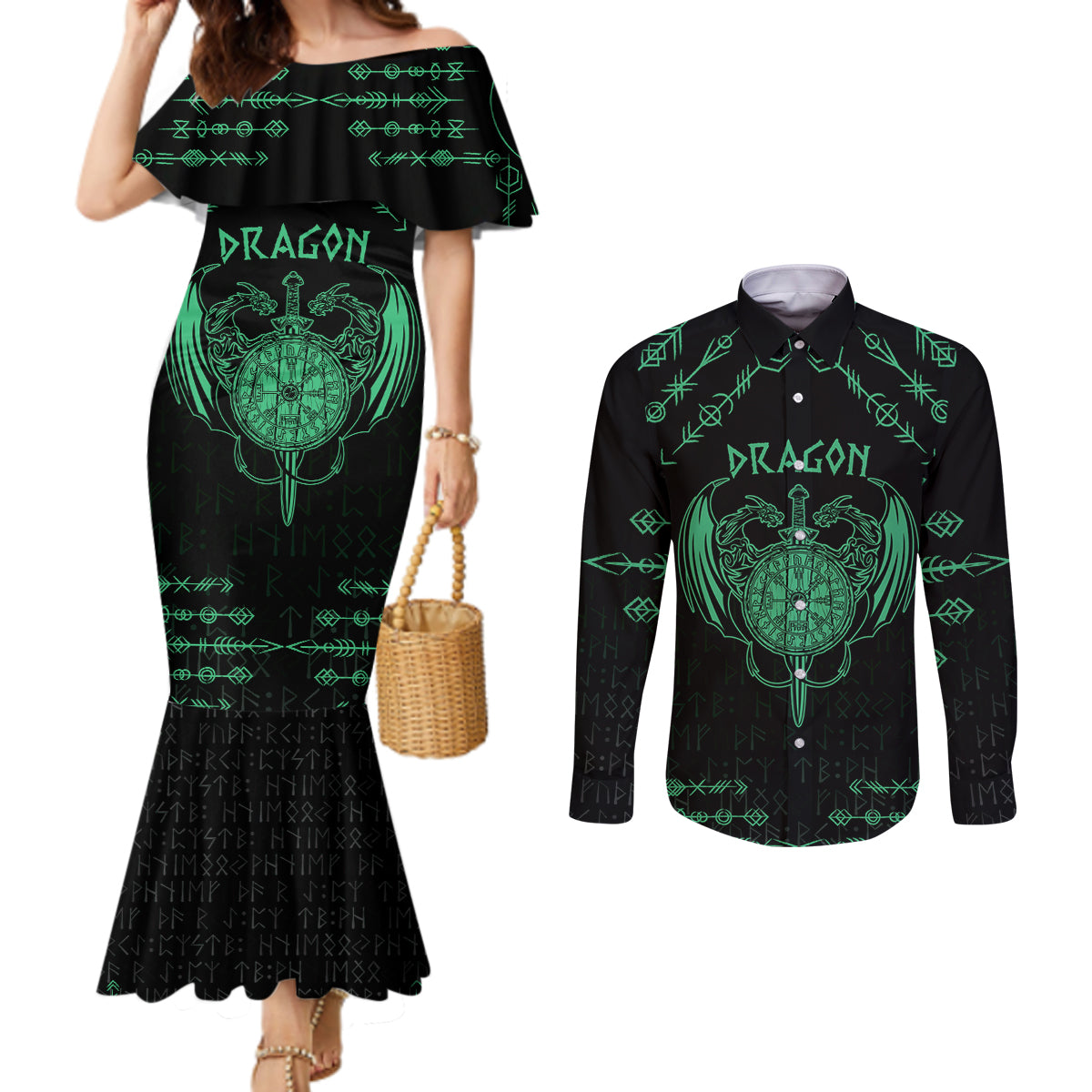 Personalized Viking Dragon Couples Matching Mermaid Dress and Long Sleeve Button Shirt with Sword Green Scandinavian Tattoo